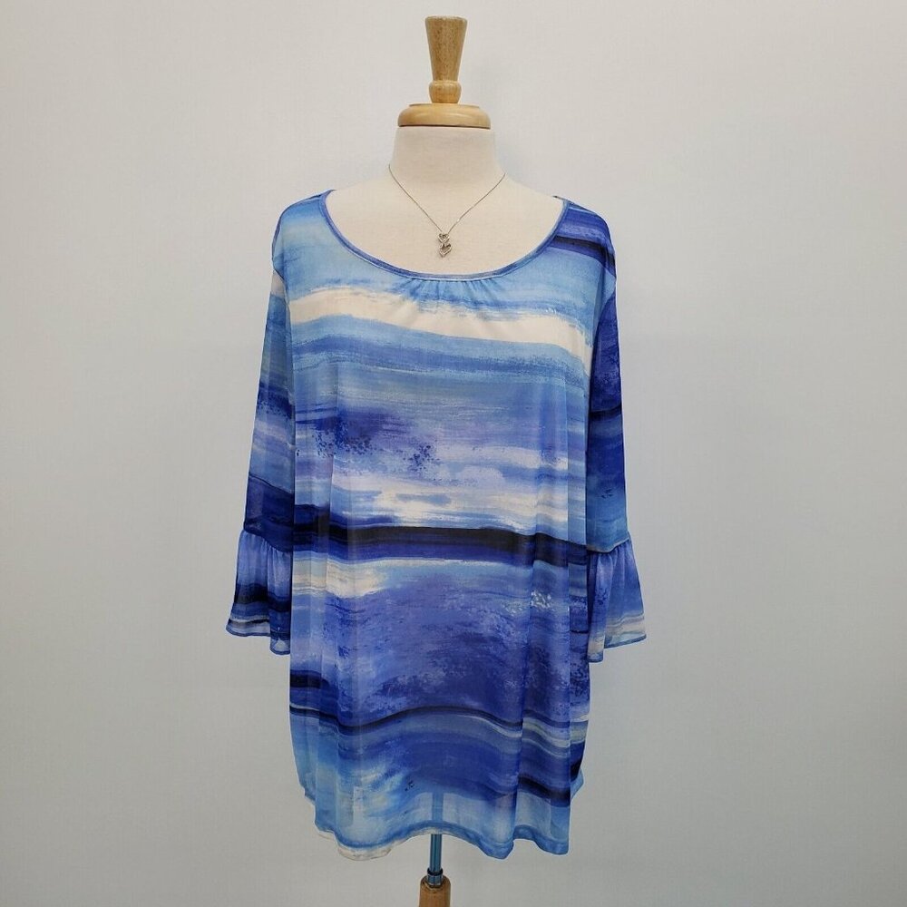 Catherines Womens 3/4 Sleeve Scoop Neck Blouse Top Plus Size 1X Blue Watercolor